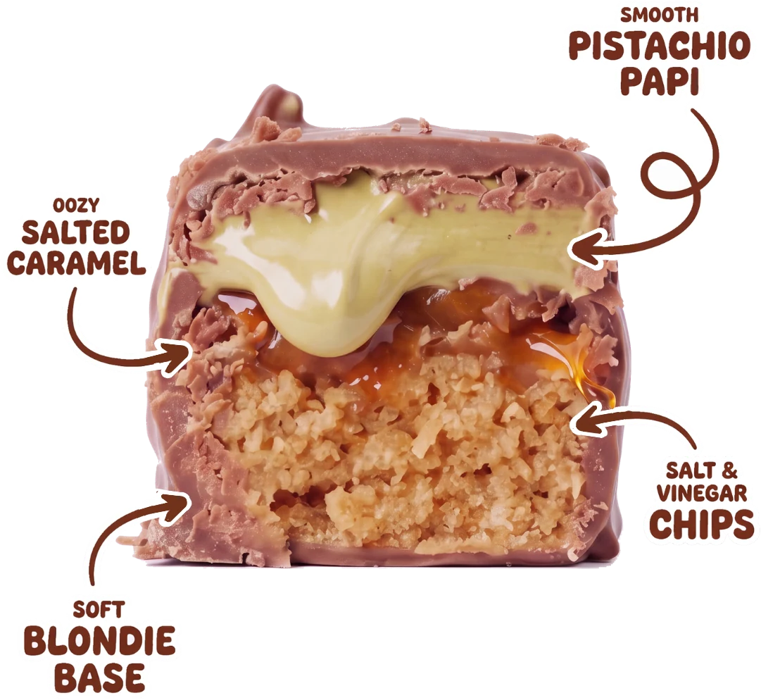 Inside a Chip Tease bar: smooth Pistachio Papi, oozy salted caramel, soft blondie base, salt & vinegar chips.