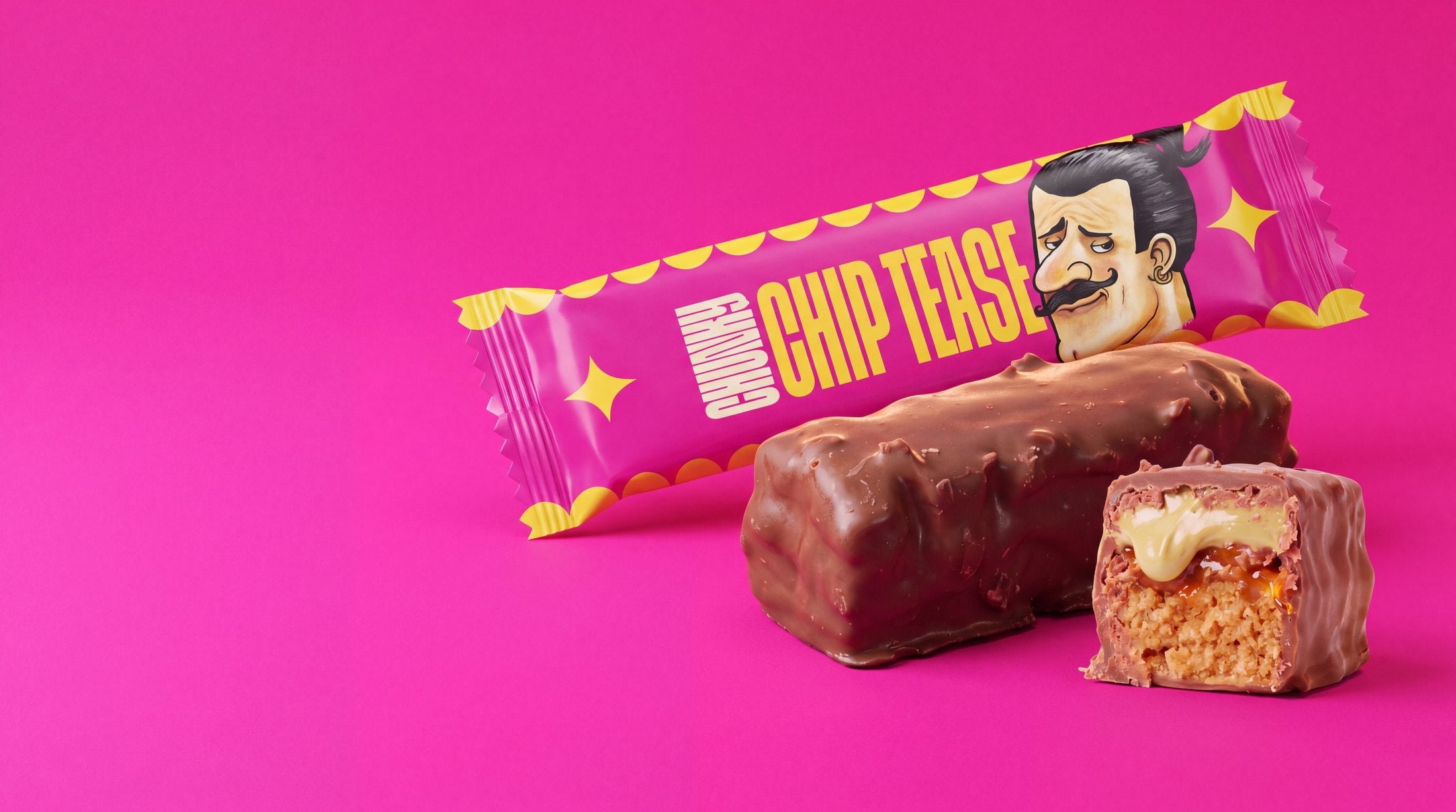 Chunky Chip Tease bar, unwrapped and cut through the middle