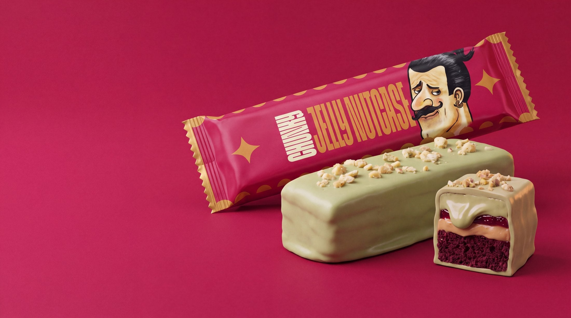 Chunky Jelly Nutcase bar, unwrapped and cut through the middle