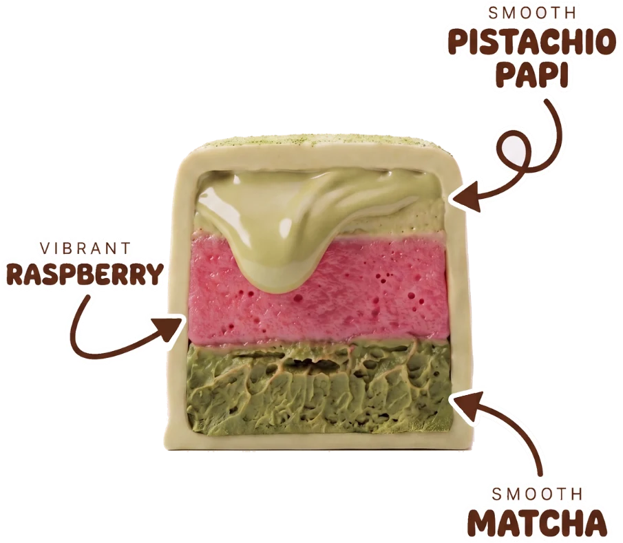 Inside a Miss Matcha bar: smooth Pistachio Papi, vibrant raspberry, smooth matcha.