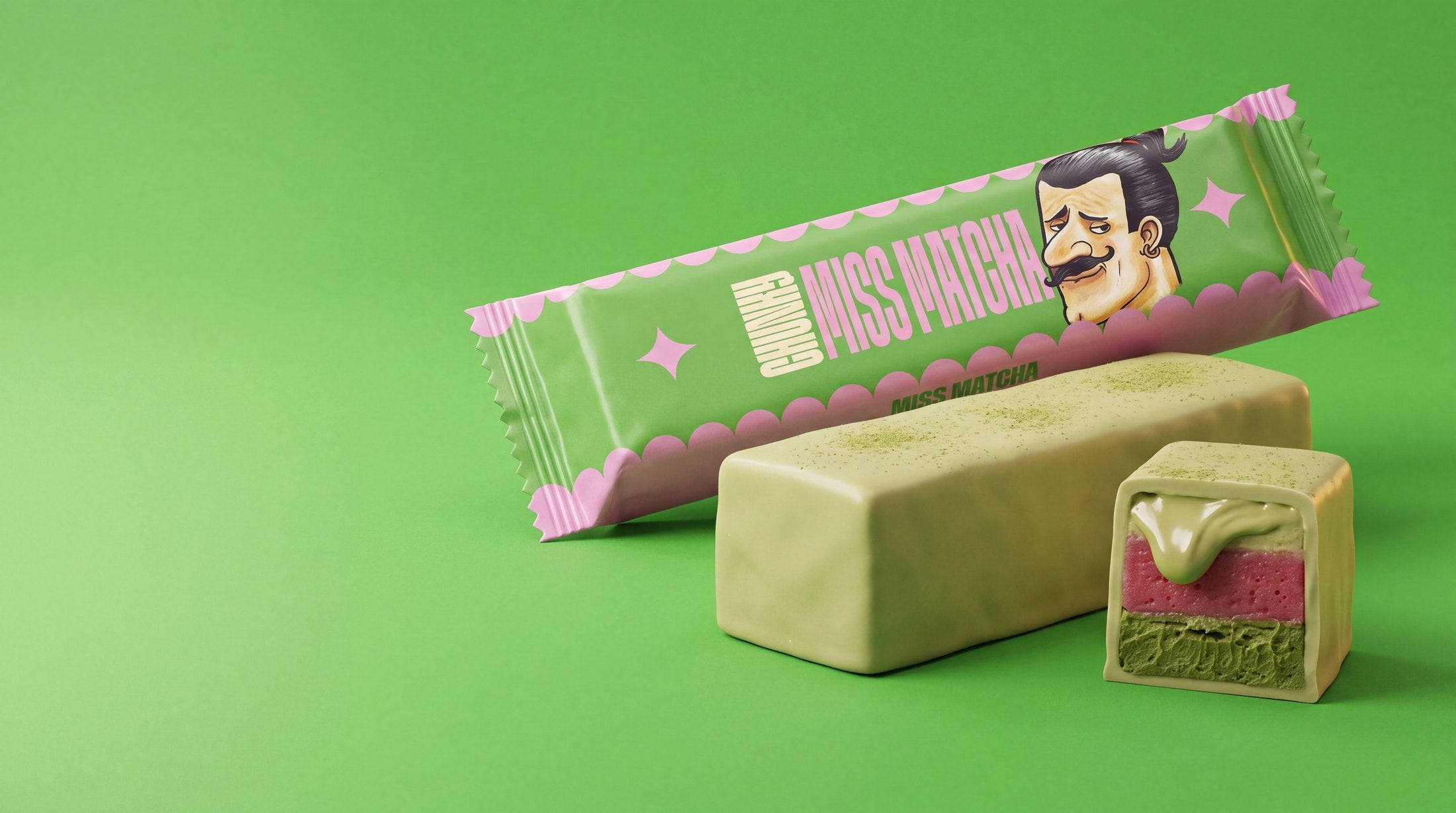 Chunky Miss Matcha bar, unwrapped and cut through the middle
