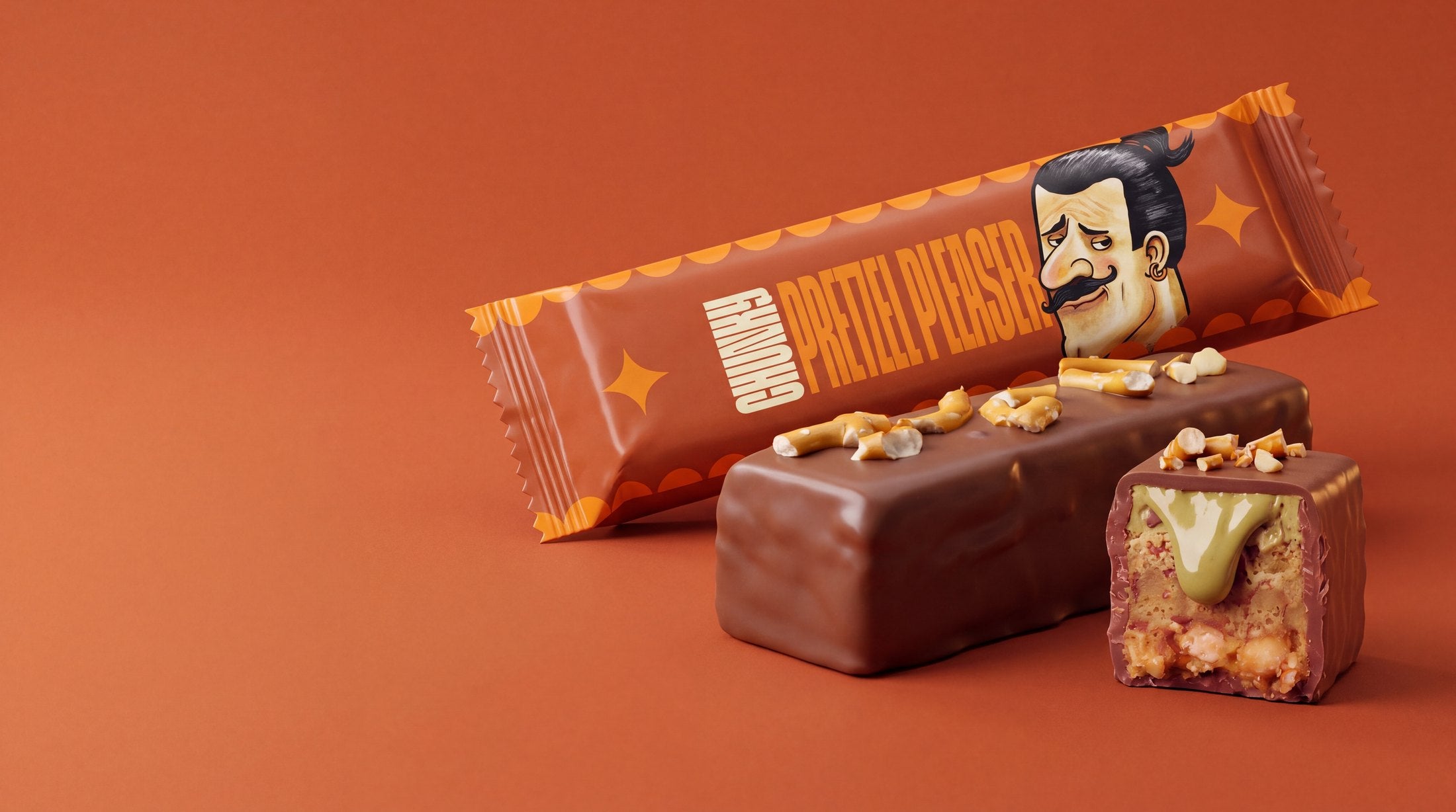 Chunky Pretzel Pleaser bar, unwrapped and cut through the middle