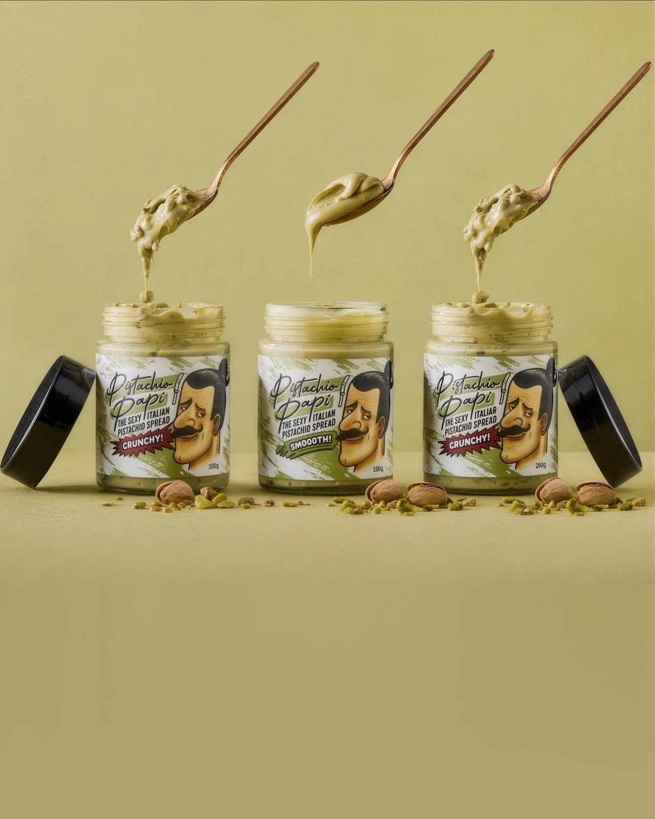 Three jars of Pistachio Papi spread — two Crunchy, one Smooth