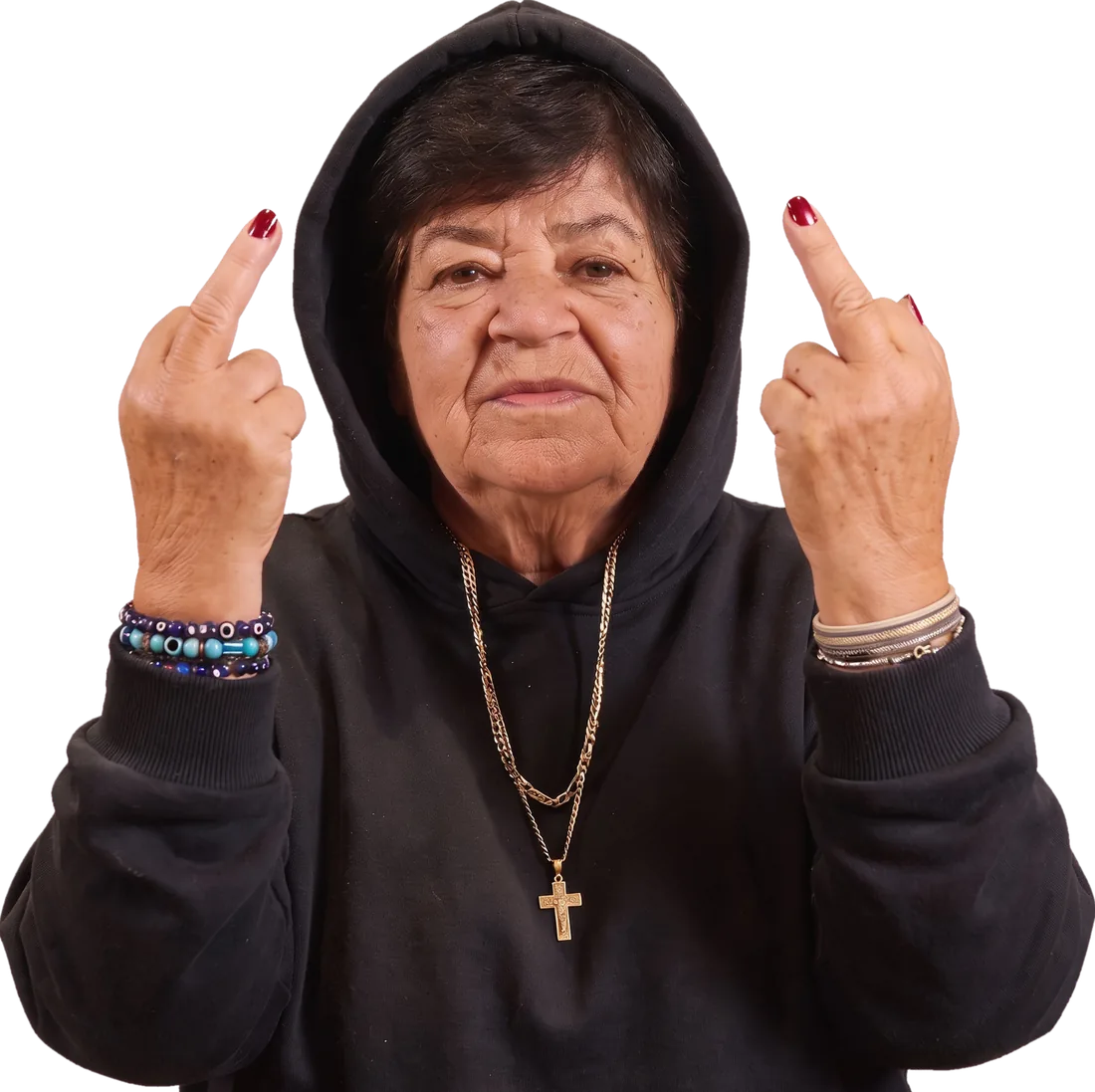 Nonna, in a Papi hoodie, unimpressed